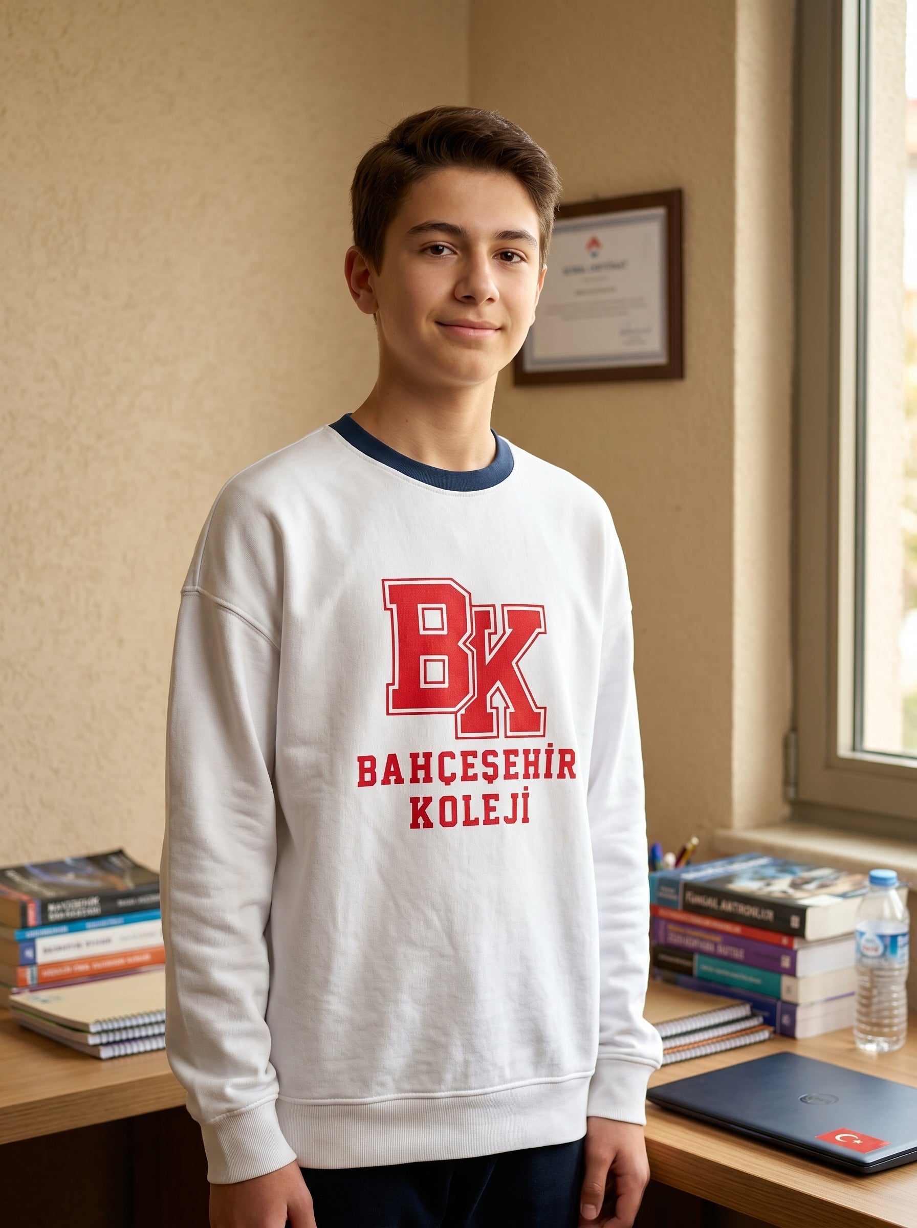 Bahçeşehir Lacivert Yaka Kırmızı Logolu Beyaz Sweatshirt
