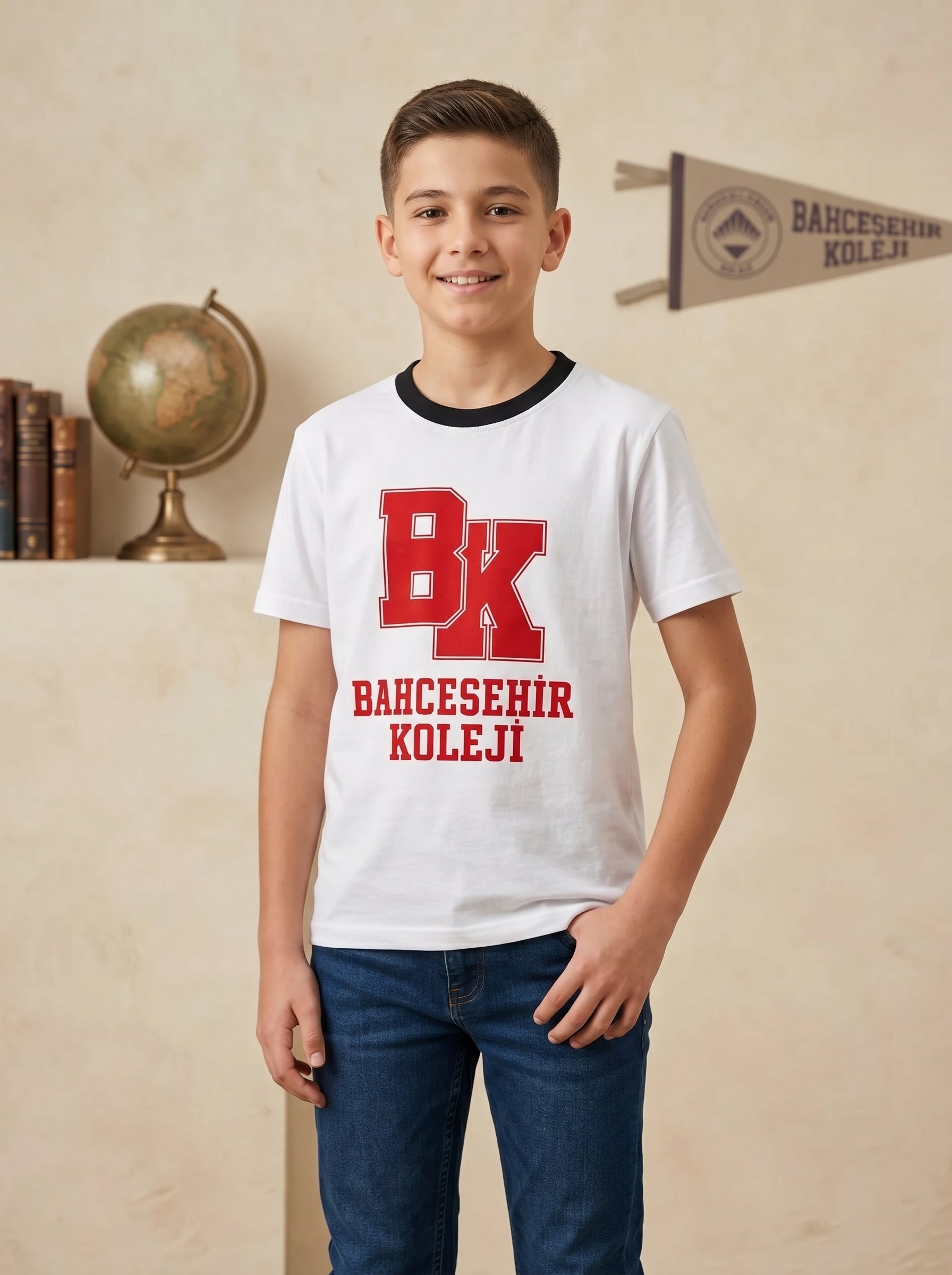 Bahçeşehir Siyah Yaka Kırmızı Logolu Beyaz T-Shirt